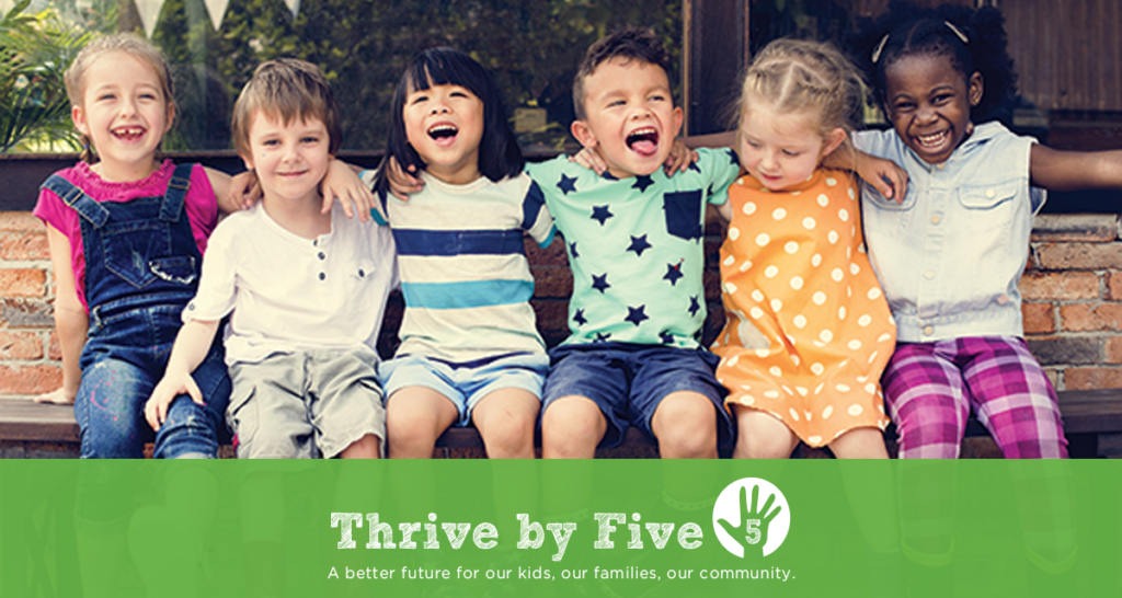 Pre-K Kids on Bench with Thrive by Five Logo