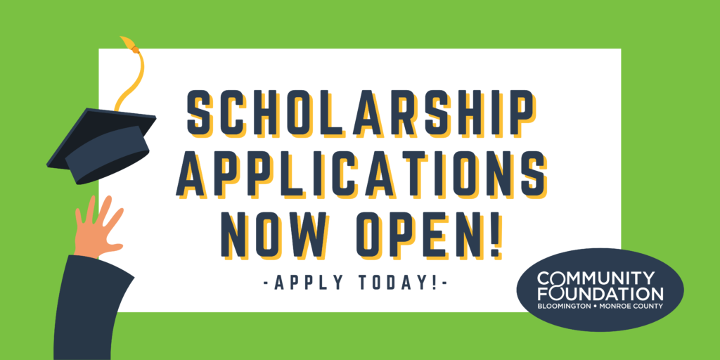 A green graphic with the words "Scholarship Applications Now Open! Apply Today!" and an image of a hand throwing a graduation cap.